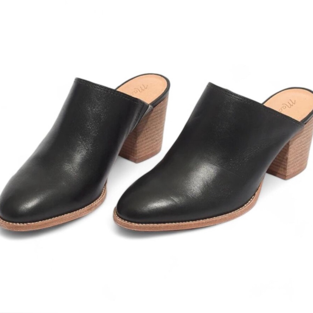 Madewell The Harper Mule Leather Black Stacked Heel Almond Toe Size 9